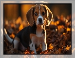 Szczeniak, Grafika AI, Beagle, Liście, Pies