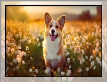 Spojrzenie, Łąka, Pies, Kwiaty, Welsh corgi pembroke